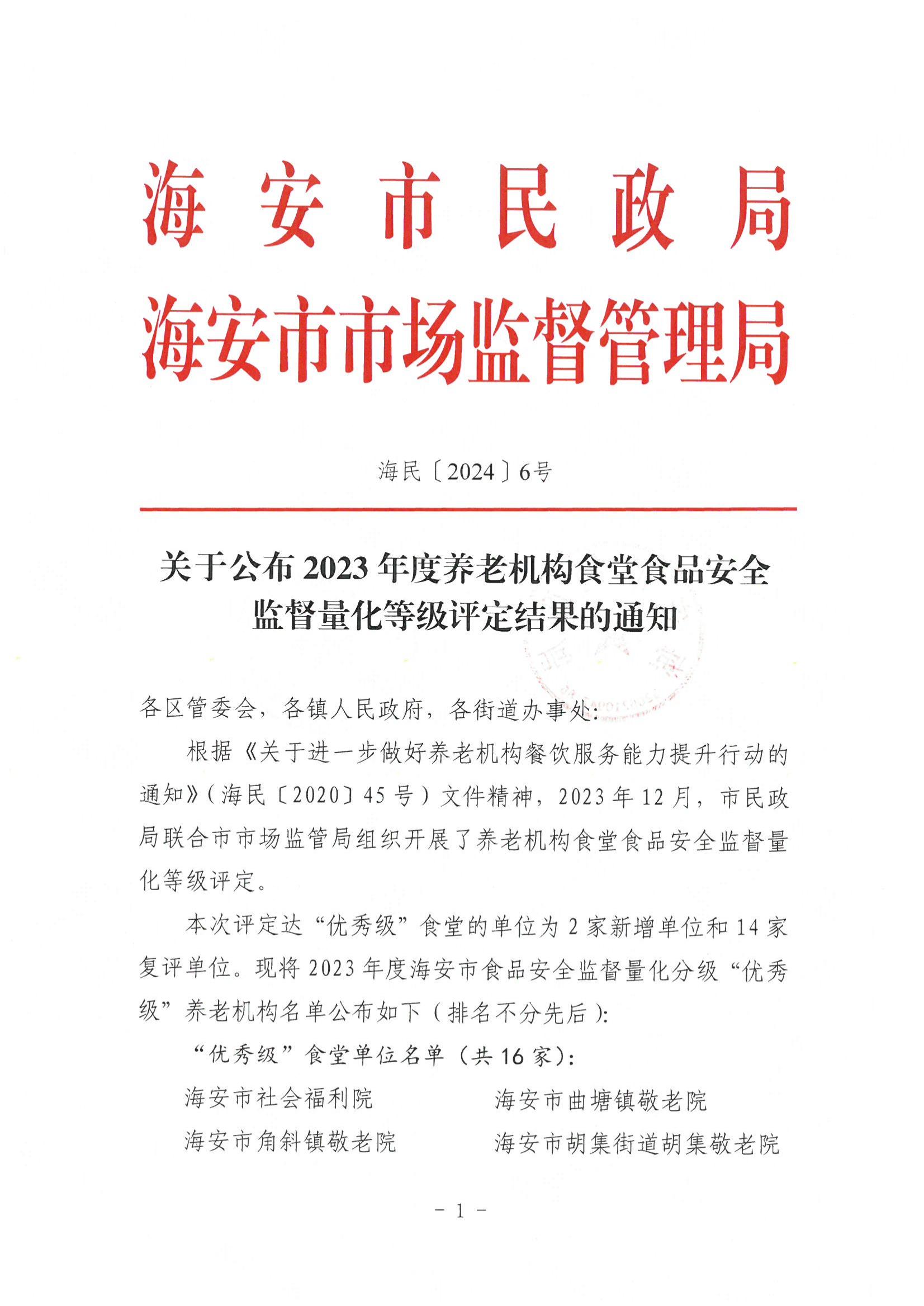 海民【2024】6號關于公布2023年度養老機構食堂食品安全監督量化等級評定結果的通知_00.jpg